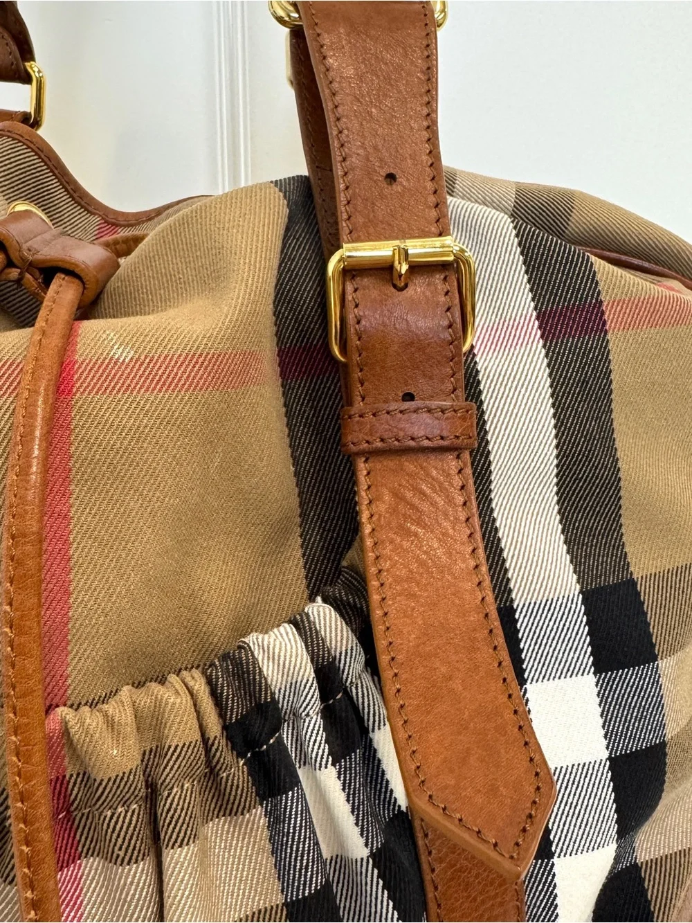 Burberry House Check Canvas Leather Trim Hobo Handbag Shoulder Bag *FLAW Bucket